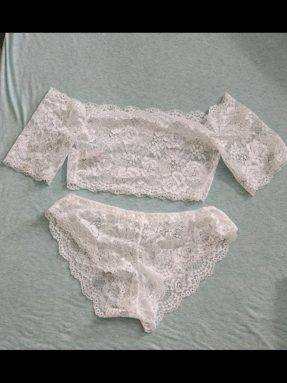 White Lace Off-Shoulder Bralette & Bikini Set - Picture 2 of 7
